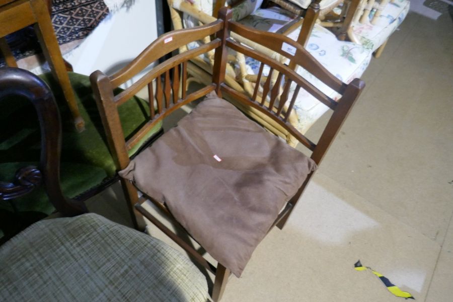 A vintage mahogany corner chair with a rush seat and similar armchair - Image 3 of 4
