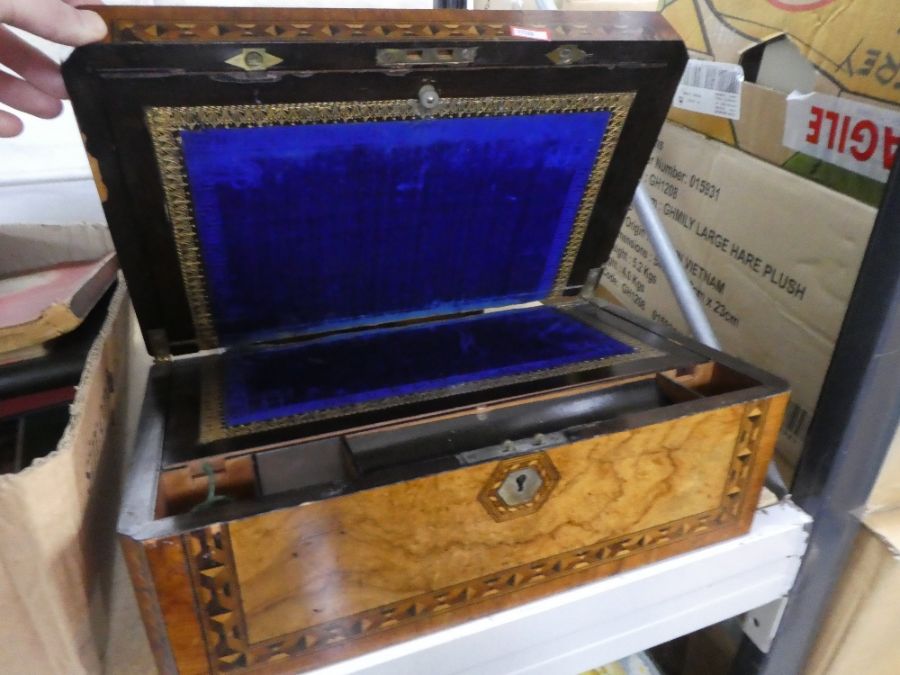 An antique walnut cross banded writing slope with mahogany two door mirror front cabinet, interior f - Image 2 of 3