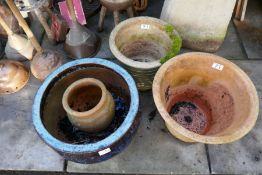 Blue glazed garden planter and three other terracotta pots