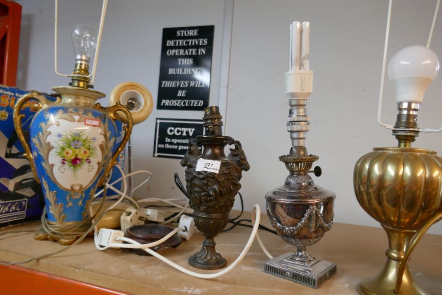 A selection of table lamps made of various materials including china, brass and possibly bronze - Image 3 of 6