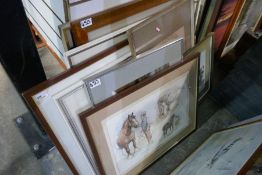 A large quantity of framed and glazed pictures, watercolours, pen and ink drawing, etc, mostly anima