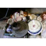 A selection of mostly blue and white china, vintage pottery, copperware etc plus dolls etc