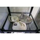 Metalware including a white metal, possibly Pewter, signed N. Viday, a dressing table mirror and a r