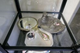 Metalware including a white metal, possibly Pewter, signed N. Viday, a dressing table mirror and a r