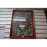 A silk framed picture mostly depicting the deity Buddha, with hand stitched border