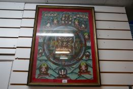 A silk framed picture mostly depicting the deity Buddha, with hand stitched border