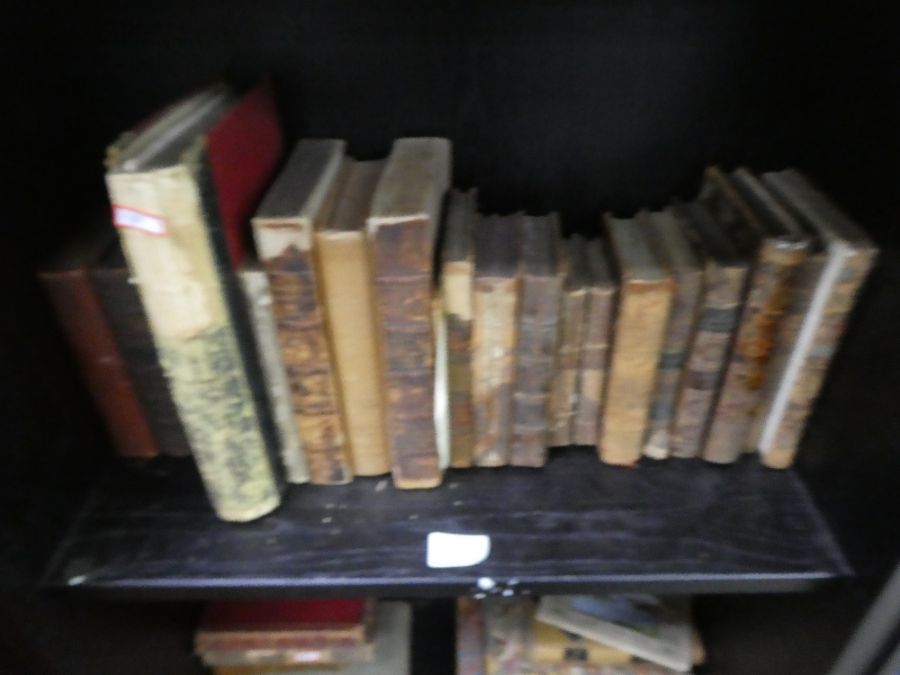 Two shelves of antique and later leather bound books