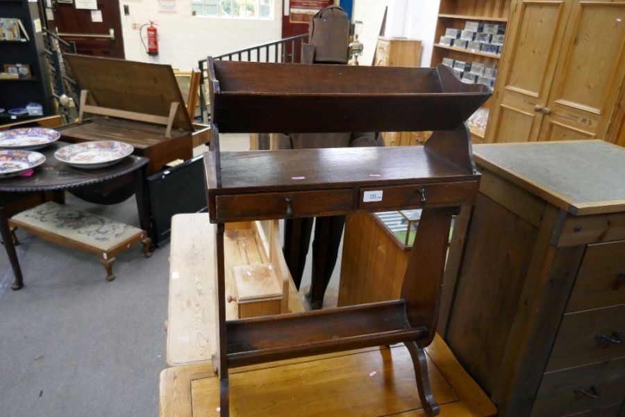 Vintage oak book stand with two small drawers and curved undertier - Image 3 of 4