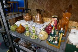 A copper kettle and Jug, toby jug, Sylvac sauce pots, carved model of dog etc