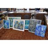 A quantity of paintings abstracts by Teresa Dovani, mostly oils on canvas and other media mostly fra