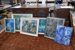 A quantity of paintings abstracts by Teresa Dovani, mostly oils on canvas and other media mostly fra