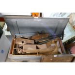 A selection of vintage wooden toolboxes, planes spanners, etc along with fire companion sets