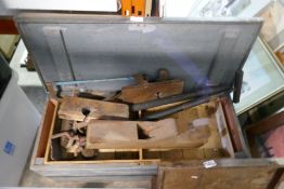 A selection of vintage wooden toolboxes, planes spanners, etc along with fire companion sets