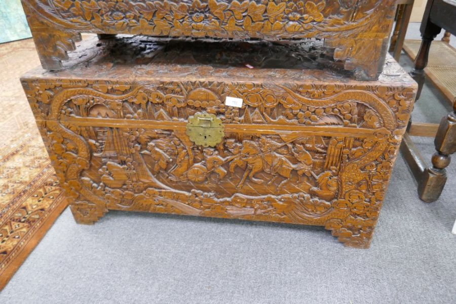 Camphor wood blanket box heavily carved with oriental decoration