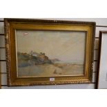 Late 19th century French gilt framed and glazed watercolour, depicting figures on a beach, signed in