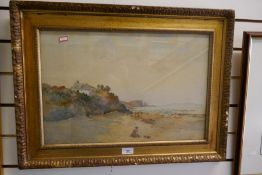 Late 19th century French gilt framed and glazed watercolour, depicting figures on a beach, signed in