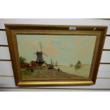 Oil on canvas depicting a Dutch scene of Windmills and barges. Signed S Bendez