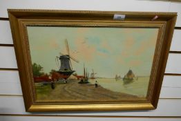 Oil on canvas depicting a Dutch scene of Windmills and barges. Signed S Bendez