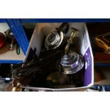 Box of mixed metalware to include silver plate, brass candle stick, canteen box, etc