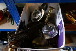 Box of mixed metalware to include silver plate, brass candle stick, canteen box, etc