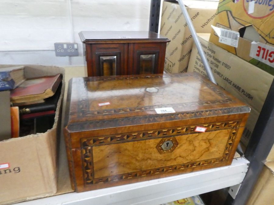 An antique walnut cross banded writing slope with mahogany two door mirror front cabinet, interior f - Image 3 of 3