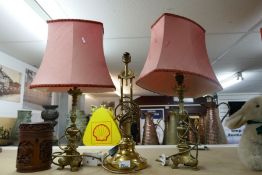 Three brass lampshades and sundry