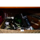 A wicker hamper containing various advertising items and box of collectables, including vintage weig