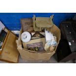 Large box of vintage framed pictures, brass oil lamp, silk escape map, military satchel