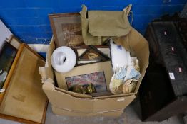 Large box of vintage framed pictures, brass oil lamp, silk escape map, military satchel