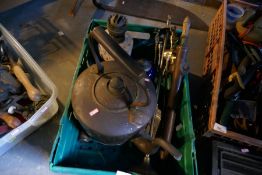 Crate of metalware including large copper kettle, companion set, oil lamp base, etc