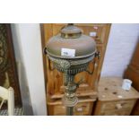 Decorative antique copper and brass standard lamp, converted oil lamp