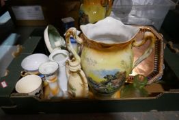 Box of mixed ceramics including deco green glass dressing table set copper tray, etc