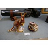 Royal Crown Derby frog accompanied by a Royal Crown Derby kangaroo with gold stoppers