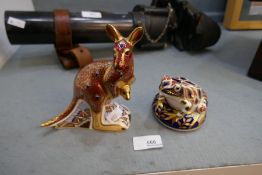Royal Crown Derby frog accompanied by a Royal Crown Derby kangaroo with gold stoppers