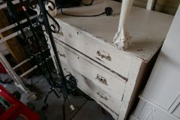 Distressed painted chest with 3 long drawers, painted open armchair and towel rail