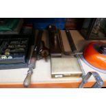 A selection of vintage tools including sprayers, a plane and a brass box, etc