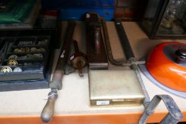 A selection of vintage tools including sprayers, a plane and a brass box, etc