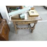 A period oak side table with single drawer on turned supports 75cm x 54cm with later repair to top