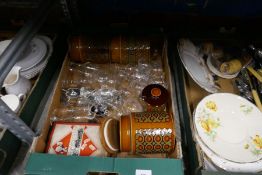 Three boxes of mixed China, glass and sundry items to include Hornsea kitchen ware, cutlery, etc