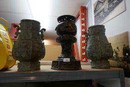 Three Oriental bronzes comprising of two vases and a vintage lamp AF