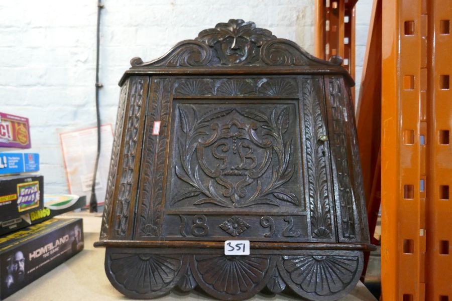 Two Victorian corner cupboards, one hand carved decoration and dated 1892 - Image 7 of 7