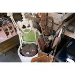Vintage crates, boxes, mirror, swords, walking stick, resin skeleton coal bucket etc