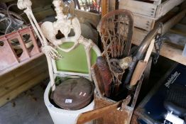 Vintage crates, boxes, mirror, swords, walking stick, resin skeleton coal bucket etc