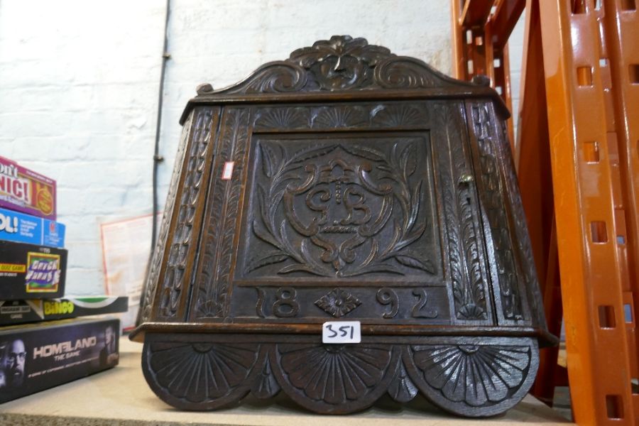 Two Victorian corner cupboards, one hand carved decoration and dated 1892 - Image 2 of 7