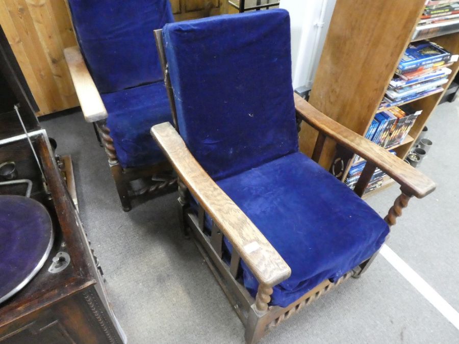 Two vintage oak framed steamer armchairs on oak twist support - Image 2 of 3