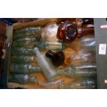 Box vintage glass bottles, Bovril, Baggs etc and box Stoneware jars