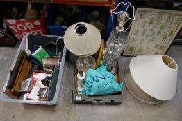 Two boxes containing glass desk lamps with shades, imperia pasta maker, clock and other miscellaneou