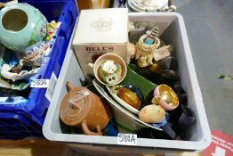 Two crates of mixed china and sundry to include oriental bowls, porcelain face masks, Bells Whisky b