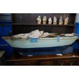 A large heavy wooden antique pond yacht, 148cm complete with sails