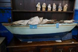 A large heavy wooden antique pond yacht, 148cm complete with sails